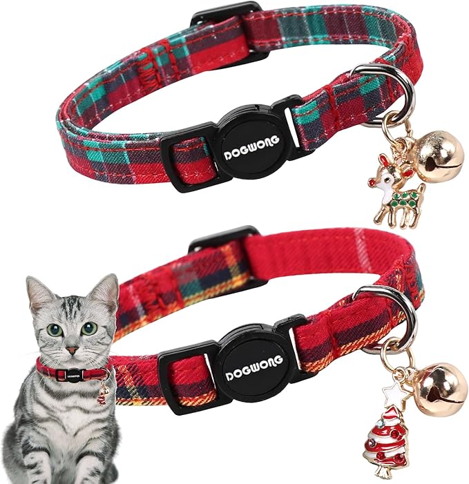 Cat Collar,2 Pack Cat Collars Breakaway with Bell, DOGWONG Safety Buckle Red Christmas Plaid Cat Collar for Girl Boy Cats and Small Dogs，Adjustable 7-12 Inch,Pet Supplies Accessories