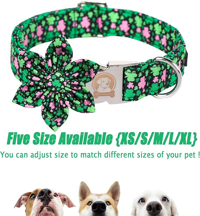MR. CHUBBYFACE St.Patrick's Clover Dog Collar with Flower, Pink Green Clovers Shamrock Adjustable Dog Collar, Cute St.Patrick's Collar for Small Medium Large Dogs