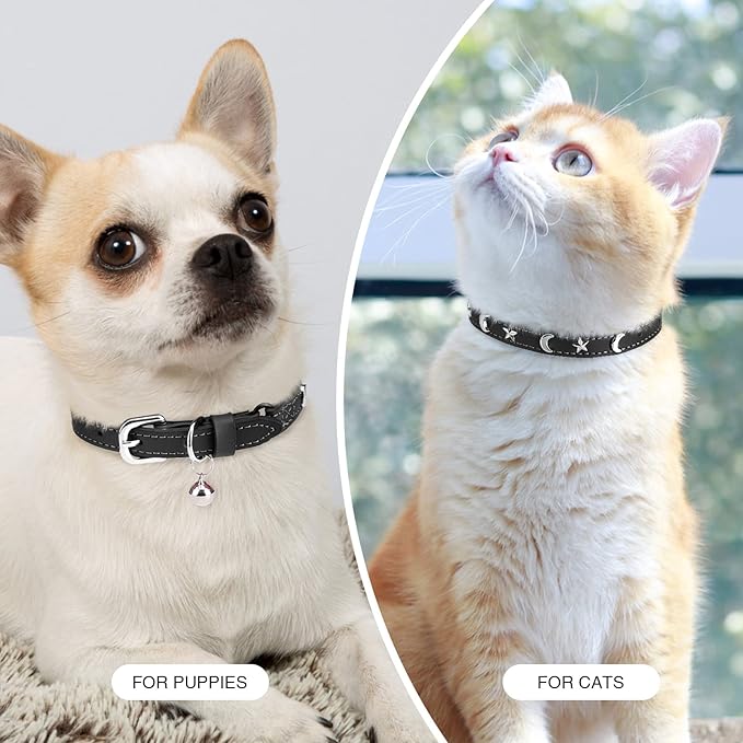 Leather Cat Collars for Boy Girl Cats with Bell and Safety Elastic Belt, Personalized Star and Moon Stud Adjustable Safe Buckle Collar for Kitty Small Big Cats Size 7-9 Inch, Black
