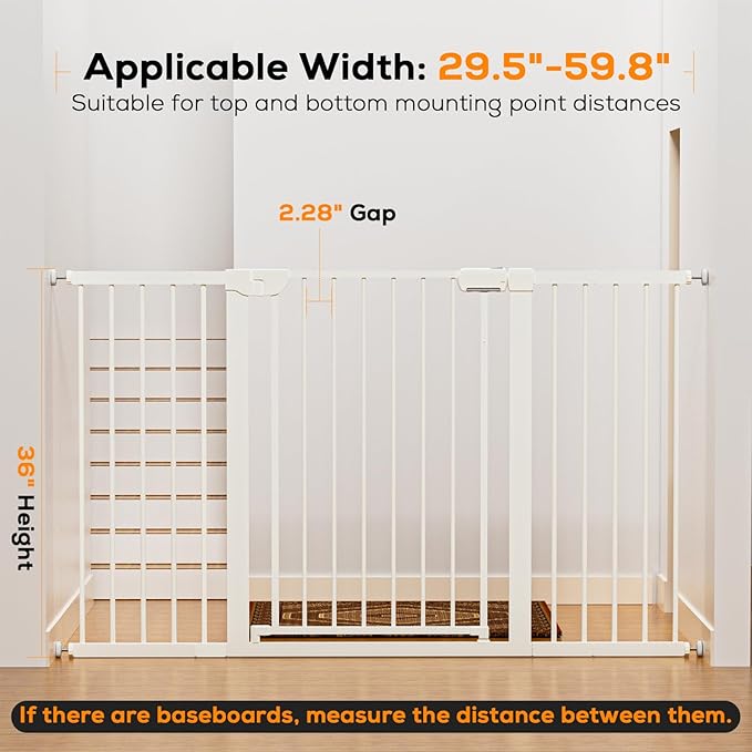 29.5-59.8" Magnetic Baby Gate for Stairs, Baby Safety Essentials, Auto Close Gate for Doorways, Easy Install Pressure Mounted Dog Gate Indoor, Pet Gates for Dogs, White