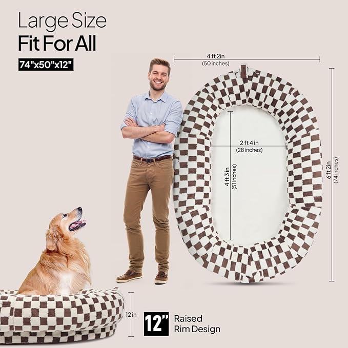 74"x50"x12" Human Dog Bed for Adults, Ultra Plush Waterproof Bean Bag Chair, Machine Washable & Anti-Slip, Memory Foam Oversize Dog Bed for Lounging, Reading, Gaming, Brown Grid