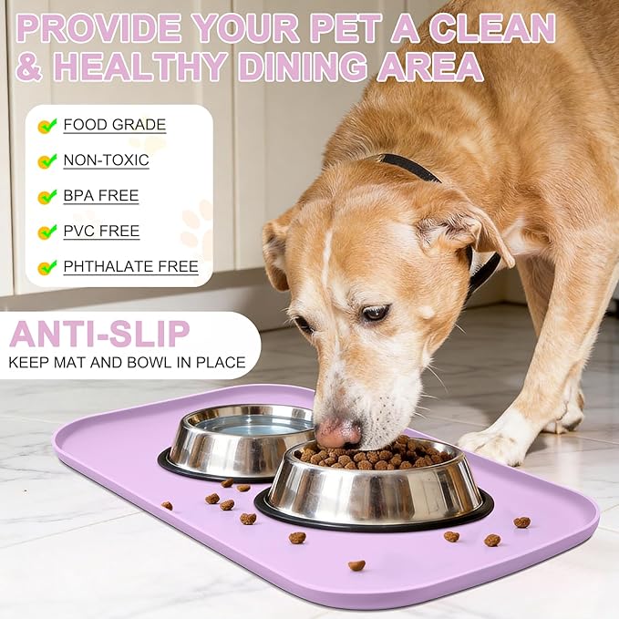 Silicone Pet Food Mat with Raised Edge for Food and Water Bowl, Dog Feeding Mats, Cat Food Trays for Floor Waterproof, Rubber Tray for Dogs and Cats, 19 x 12 x 0.7 Lavender