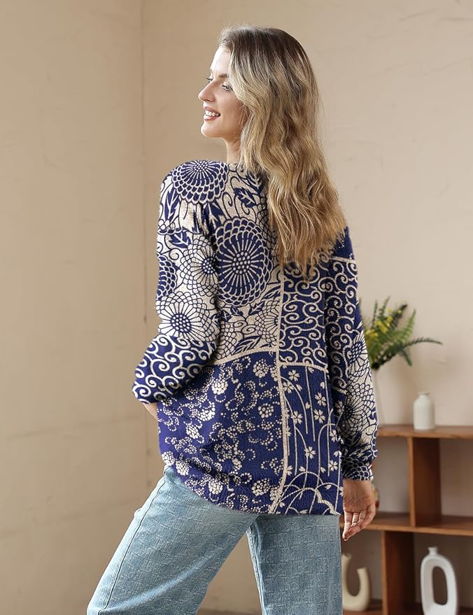 YESNO Women Christmas Sweater Graphic Printed Oversized Pullover Sweaters Casual Loose Knit Tops S01
