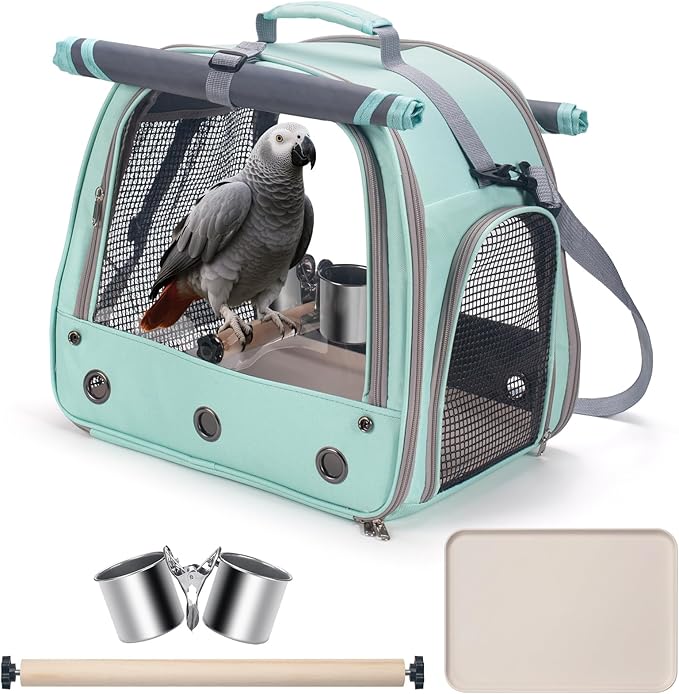 Bird Carrier Parrot Travel Cage with Perch, Food Bowl, Tray and Breathable Clear Window, Bird Travel Bag for African Gray Cockatiel Caique Conure Quaker, for Vetting Camping Hiking (Blue)
