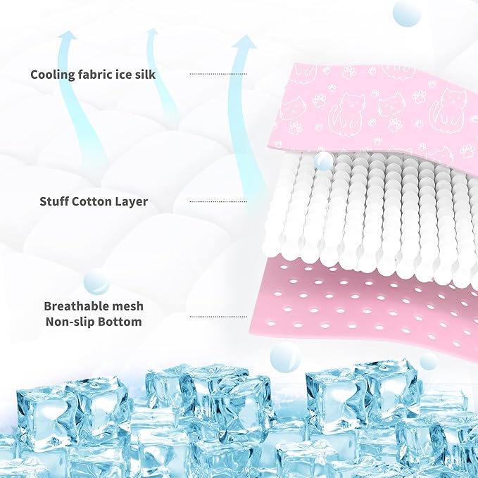 NWK Pet Cooling Mat - Ice Silk Cooling Mat for Dogs & Cats Portable & Washable Pet Cooling Blanket, Car Seats, Beds for Summer (1, Pink Cat, 39‘’ X 27‘’ X 0.3'')
