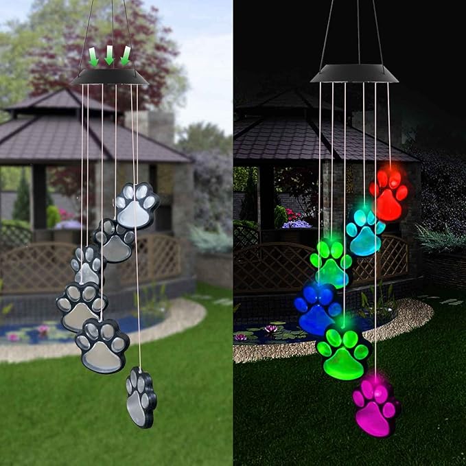 Paw Print Solar Wind Chimes, Color Changing Outdoor Paw Print Solar Lights, Dog Cat Paw Prints Wind Chimes Hanging Patio Lights for Garden Decor,Best Gifts for Dog & Cat Pets Lovers