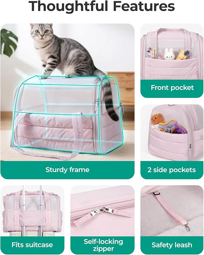 BAGSMART Cat Carrier: Soft-Sided Pet Carrier for Small Medium Cats Dogs Puppy Quilted Collapsible Puffy Travel Bag Up to 20 Lbs Pink