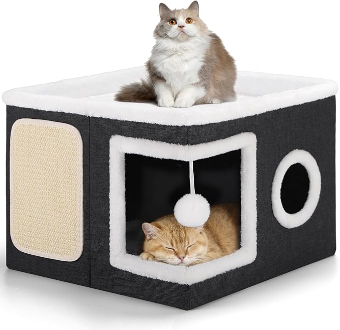 Shikha Cat Beds for Indoor Cats, Large Cat Cave with Cozy Condo, Fluffy Ball, Round Window, Foldable Indoor Cat House Hold Up to 30LBS, Cat Hideaway with Reversible Cushions for All Seasons, Black