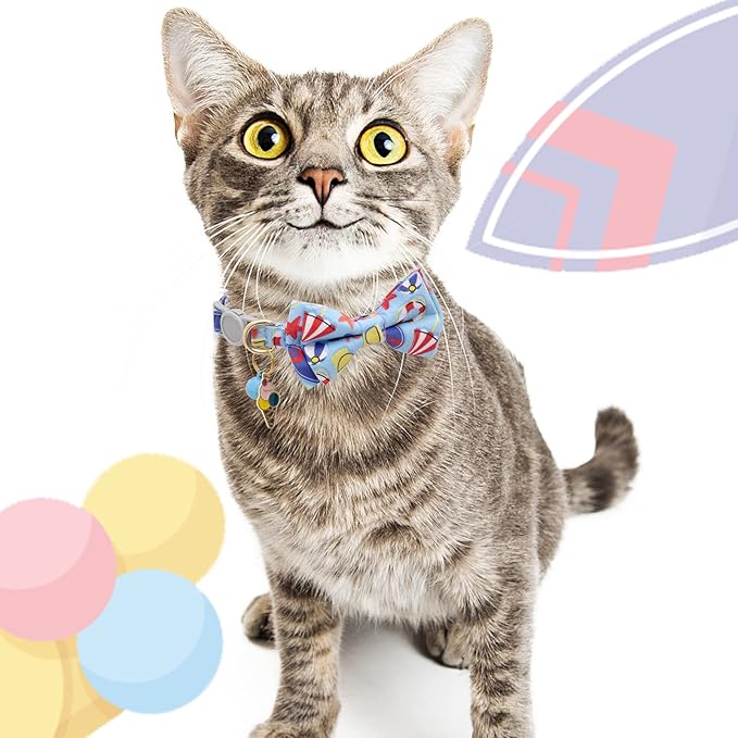 Faygarsle 2 Pack Cute Cat Collar with Bell Breakaway Bowtie for Male Female Cats Soft Fancy Blue Yellow with Ice Cream Sea Pattern Summer Cat Collar for Boy Girl Cats