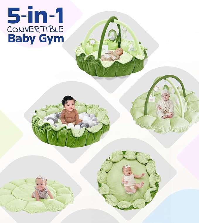 HAN-MM 5-in-1 Convertible Baby Play Gym with 6 Toys, Tummy Time Mat for Sensory Development, Baby Activity Center from Newborn to Toddler, Ball Pit, Soft Plush Pet Mat, Green