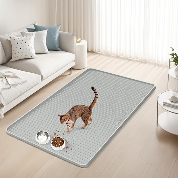 Silicone Cat & Dog Food Mat, 40" x 22" Extra Large Pet Feeding Mat for Cats and Dogs Bowl, Pet Placemat for Food and Water with Raised Edge, Waterproof, Leakproof (Grey)