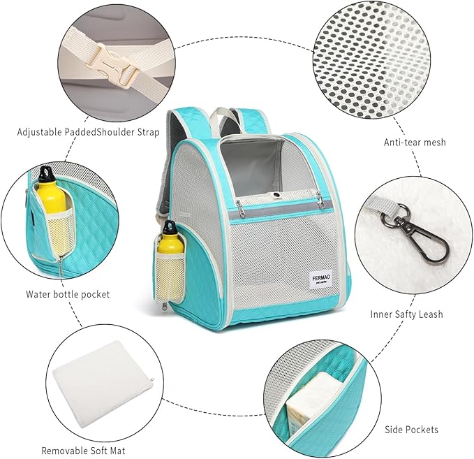 Cat Backpack Carrier for Small Dogs and Medium cat Puppy Kitten Bunny Pet Carrier Backpack Collapsible with Fully Ventilated Mesh with Safety Leash (LightGreen, 12.9" L x 10.62" W x 15.5" H - M)
