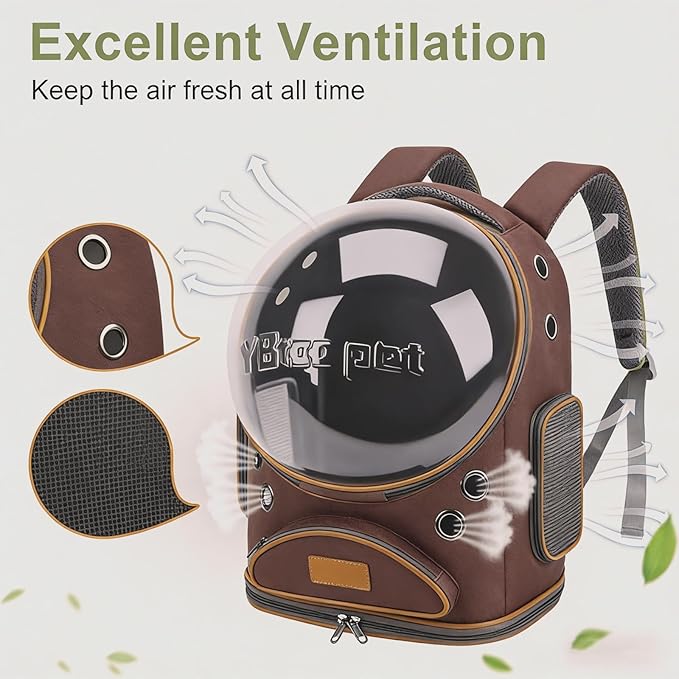 Cat Backpack Carrier, Breathable Cat Carrier Large Space Bubble Pet Backpack for Small Dog and Large cat up to 18lbs, Transparent & Foldable Pet Carrier for Travel Hiking (Brown)