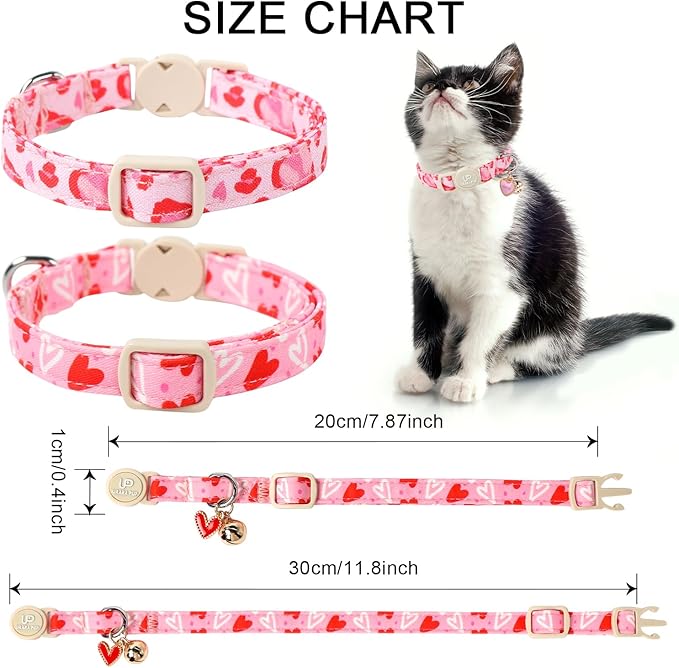 Cat Collar, 2Pack Valentine's Day Kitten Collars Cute Breakaway Cat Collar with Bell, Red Love Heart Pink Hearts Kitty Collars Adjustable Size for Girl and Boy Cats