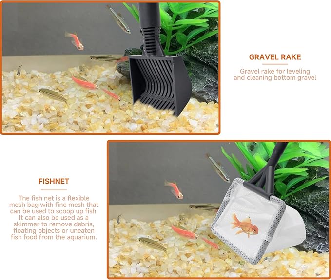 6 in 1 Aquarium Cleaning Tool Kit, Telescopic Handle Design, for 20-160 Gallon Freshwater and Saltwater Aquariums, Includes Algae Scraper, Sponge Pad, Pipe Brush, Gravel Rake, Fish Net