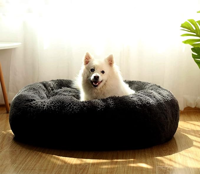Calming Donut Dogs Beds for Medium Dogs up to 45 lb,30inch Anti-Slip Plush Round Dog Bed with Raised Rim,Fluffy Faux Fur Pet Bed for Cozy Sleep,Black