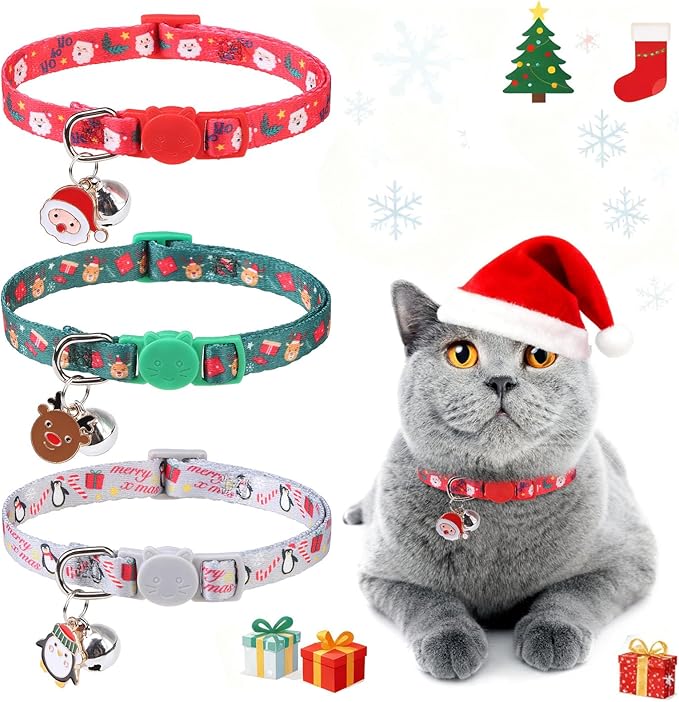 3 Pack Christmas Cat Collars Breakaway with Bell & Charm-Holiday Cat Collar for Girl Boy Cats with Safety Buckle- Cute Santa Snowman Kitten Collar Adjustable 8"-12" for Kitty Puppy Small Pets