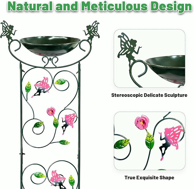 HONGLAND 36.5" Metal Bird Bath with Trellis, Outdoor Garden Birdbath with Detachable Bowl & Climbing Plant Support, Decorative Bird Feeder Station with Fairy for Yard, Patio, Fence