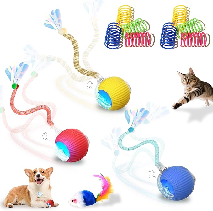 3-Pack Interactive Cat Toys Ball for indoor Cats＆Dog,Automatic Cat Toy with Smart Obstacle Avoidance Ball with Elastic Mesh Tail,8 Cat Spiral Spring,Cat Enrichment Toys for Indoor Cats(RedYellowBlue)
