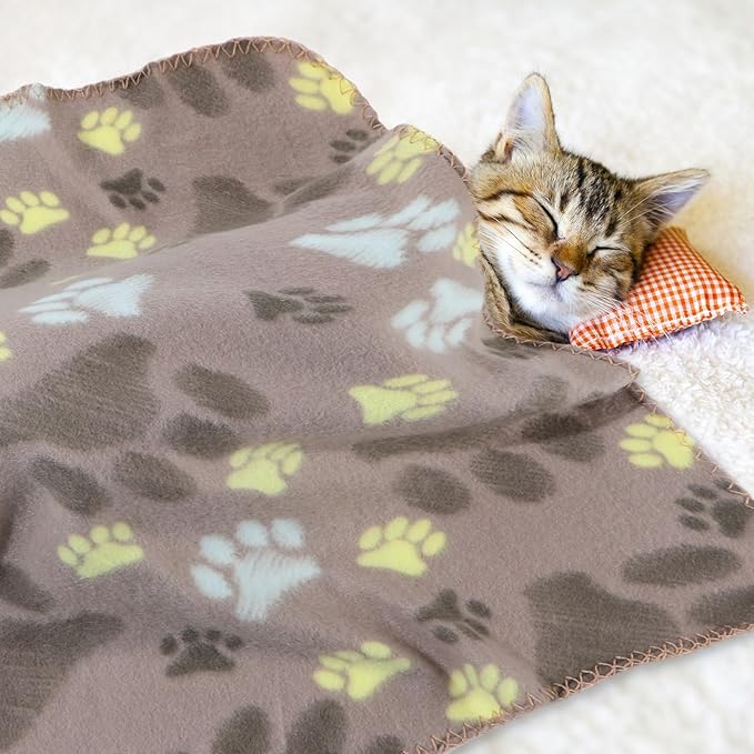 Tatuo 10 Pieces Pet Blankets with Paw Print Dog Cat Fleece Blankets Soft Warm Sleep Mat Pad Bed Cover for Kitten Puppy and Other Small Animals, 24 x 28 Inch(Cute Color)