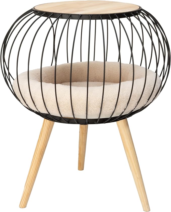 Kitty City Modern Cat Bed with Wooden Side Table, Elevated Indoor Cat Lounge Furniture with Removable Sherpa Cushion, Stylish Cat Bed for Home Décor