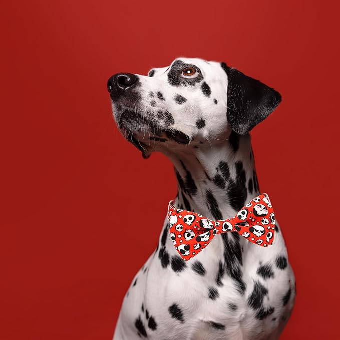 Halloween Dog Collar, Holiday Adjustable Ghost Skull Collar with Bow Tie Metal D-Ring & Secure Buckle Soft Nylon for Small Medium Pets Puppies