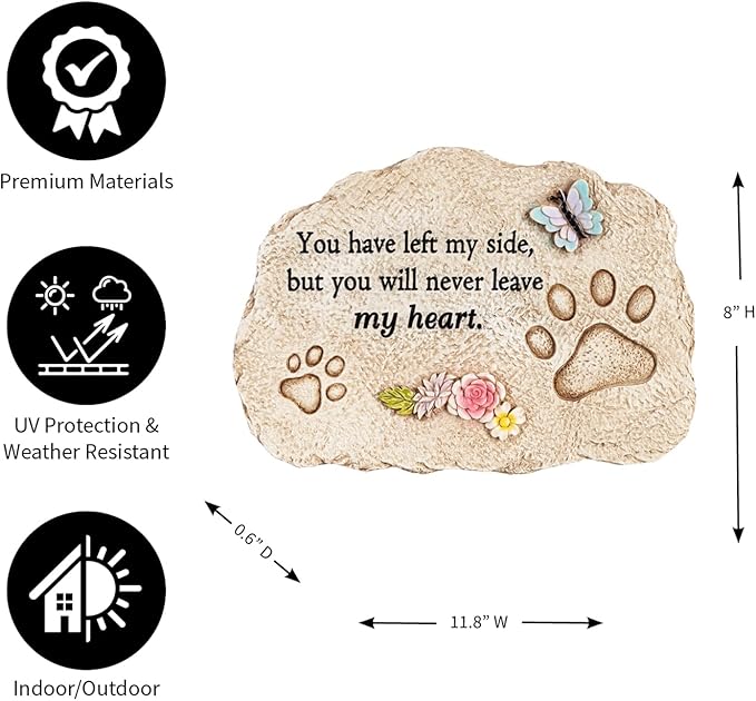 Evergreen Pet Memorial Stones | You Will Never Leave My Heart | 11.5 inches Wide | Remembrance Décor for Homes, Lawn and Garden Gift | Loss of Dog or Cat | Outdoor or Indoor