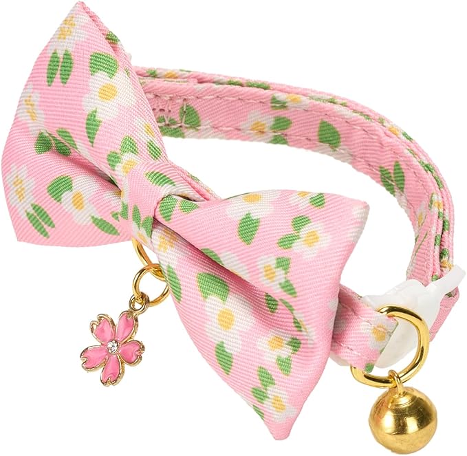 2 Pack Cat Collars, Removable Bowtie, Floral Pattern, Safety Breakaway Clasp, Adjustable for Cats.(Adult Cat, Purple and Pink dasiy)