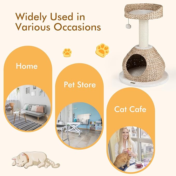 PETSITE 28-inch Modern Cat Tree, Small Cute Cat Tower Sisal Scratching Post, Hand-Made Wicker Condo and Top Perch, Interative Dangling Ball, Ideal for Indoor Cats