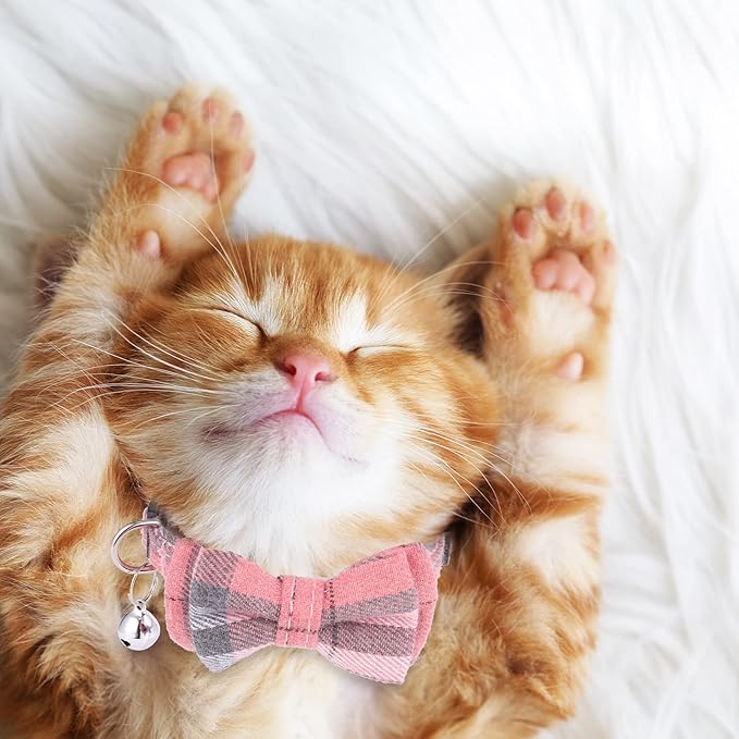 DragonflyDreams 6 PCS Cat Collars with Bow Tie and Bell,Cat Collars Plaid,Breakaway Adjustable Cat Bow Tie Collars,Cute Bow Tie Suitable for Kittens Or Certain Puppies