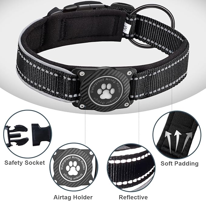 Airtag Dog Collar with Waterproof Air Tag Holder, Luminous Reflective, Soft Padded, Adjustable Nylon Pet Collar for Small Medium Large Heavy Duty Dogs,Black, XL