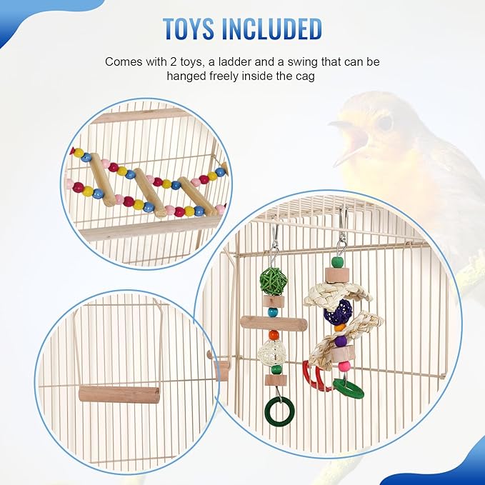 FDW 39 Inch Bird Cage Parakeet Cage with Play Top Rolling Stand & Easy Clean Pull-Out Tray Roof Top Parrot Cage for for Finches Canaries Parakeets Cockatiels & Other Small Birds, Almond