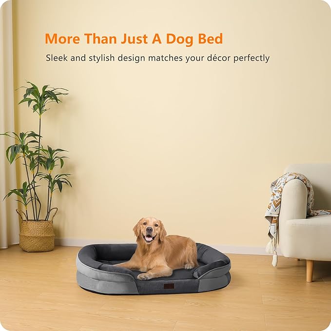 Dwanton Orthopedic Dog Bed for Large Dogs with Gel Memory Foam, Waterproof Dog Sofa, Washable Pet Bed with Four Sided Bolster Cushion, Removable Cover & Non-Slip Bottom, 42", Dark Gray