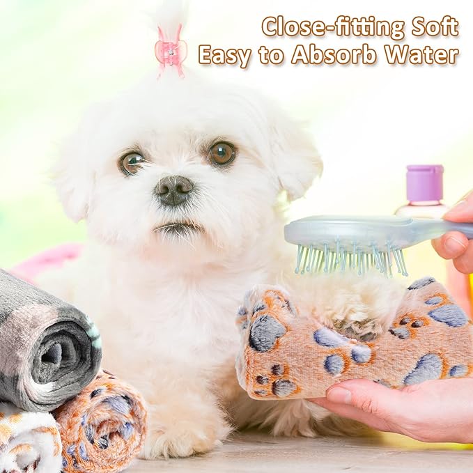 Tegeme 12 Pcs Pet Blankets Soft Fluffy Fleece Dog Cat Warm Paw Print Pattern Blankets Flannel Throw for Pets Dog Puppy Cat(23 x 16 Inch,Dark Gray, White, Camel)