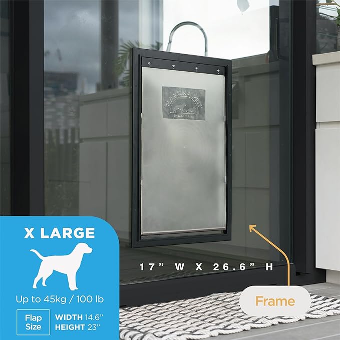 Hakuna Pets Deluxe Aluminum Pet, Cat and Dog Door with 2-Way Locking Panel for Screens, Doors and Walls up to 2.8" Thick, X-Large, Black