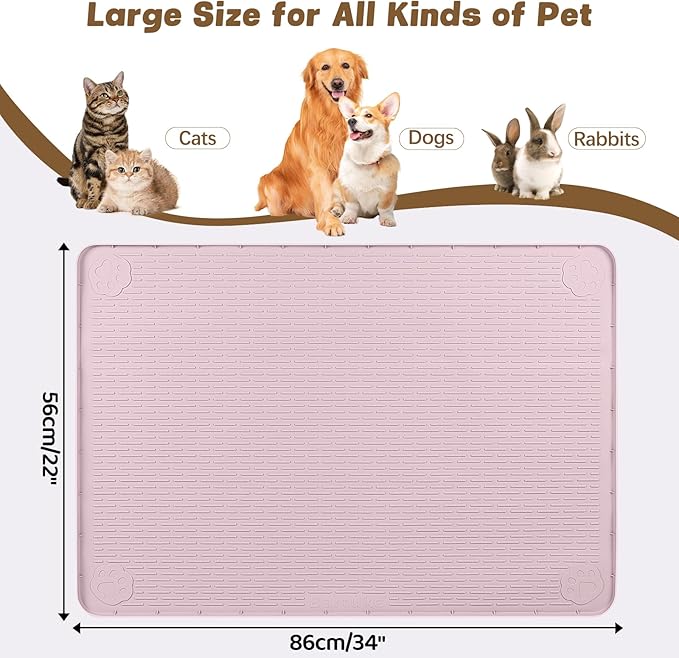 Cat Food Mat, 34" x 22" Large Silicone Pet Feeding Mat for Food and Water Bowls Non-Slip, Easy to Clean (Pink)