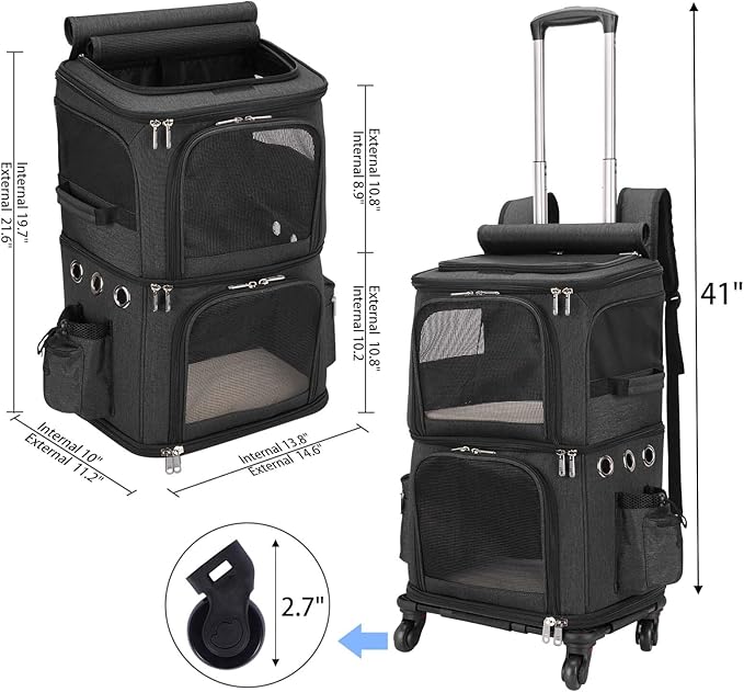 Double-Compartment Pet Carrier Backpack with Wheels for Small Cats and Dogs, Cat Rolling Carrier for 2 Cats, Perfect for Traveling/Taking a Walk/Trips to The Vet, Black