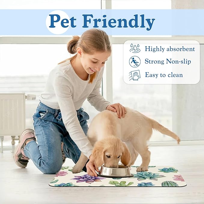 Cactus Flower Pet Feeding Mat for Floors–Christmas Stocking Absorbent Quick Dry Dog Cat Bowl Mat for Food and Water, Non Slip Waterproof Base, Mess-Free Feeding Accessories 12"x20"