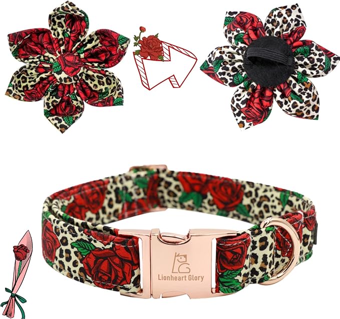 Lionheart Glory Dog Collar, Red Rose Dog Collar with Flower, Cute Floral Pattern Pet Collar Adjustable Dog Collar for Large Dogs