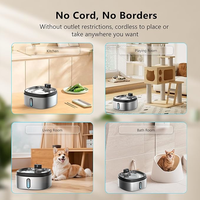 Wireless Cat/Dog Water Fountain 7L/236oz/1.8Gal, DRLWXYSJ Stainless Steel Battery Operated Cordless Automatic Pet Water Dispenser for Multi-Cats and Small to Large Dogs with Ultra Quiet Pump