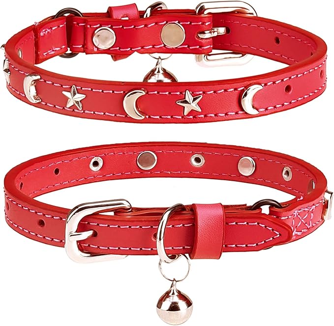 Leather Cat Collars for Boy Girl Cats with Bell and Safety Elastic Belt, Personalized Star and Moon Stud Adjustable Safe Buckle Collar for Kitty Small Big Cats Size 7-9 Inch, Red