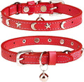 Leather Cat Collars for Boy Girl Cats with Bell and Safety Elastic Belt, Personalized Star and Moon Stud Adjustable Safe Buckle Collar for Kitty Small Big Cats Size 8-12 Inch, Red