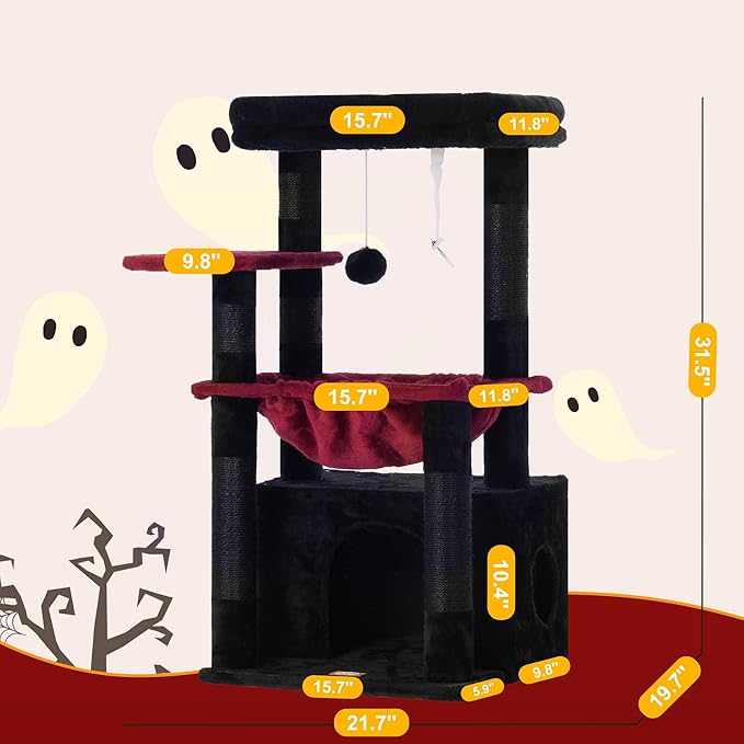 Heybly Cat Tree, Kitten Tower with Large Soft Cat Basket, Cat Condo with Spacious Cat Bed Cave with Hidden Space, Sisal-Covered Scratching Posts, Dangling Ball for Indoor Cats, Black and Red HCT008SBR