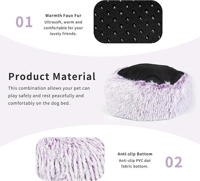 Calming Donut Dogs Beds for Small Dogs Washable,23inch Plush Round Pet Bed for Cozy Sleep,Fluffy Faux Fur Large Cat Bed,Fits up to 25 lbs Pets,Gradient Purple