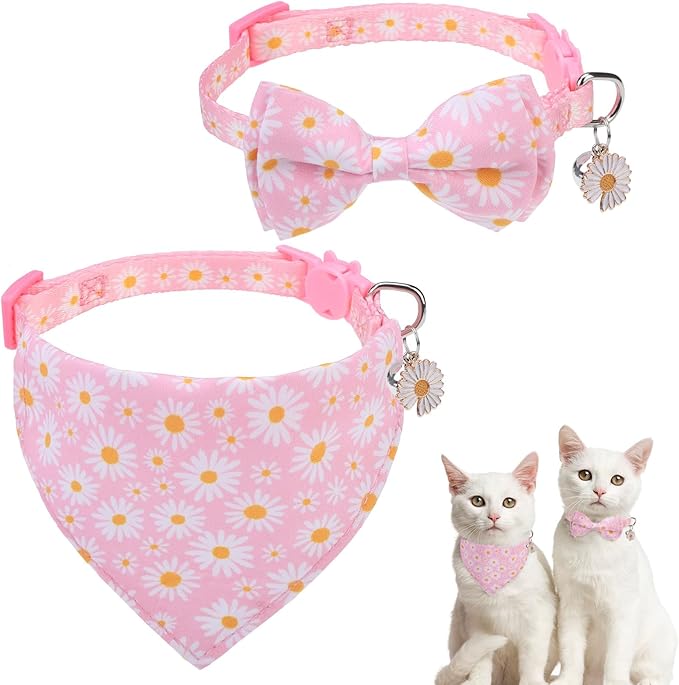 SCENEREAL Spring Cat Collar Breakaway with Bells, 2 Pack Cute Flower Pet Collar with Removable Bow Tie and Bandana, Adjustable Safety Buckle with Daisy Pendants for Girl Cats Kitten
