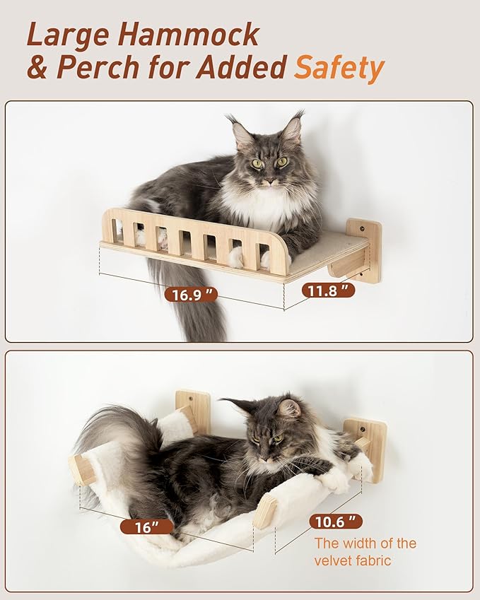 Cat Wall Shelves for Large Cats, 5-in-1 Cat Wall Furniture with Large Hammock and Wide Perch, Wooded Wall Climbing Furniture Set for Indoor Cats