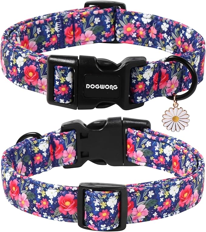 DOGWONG Blue Flower Dog Collar, Cute Adjustable Floral Collar, Girl Female Dog Collar with Strong Plastic Buckle for Small Medium Large Dogs,XS