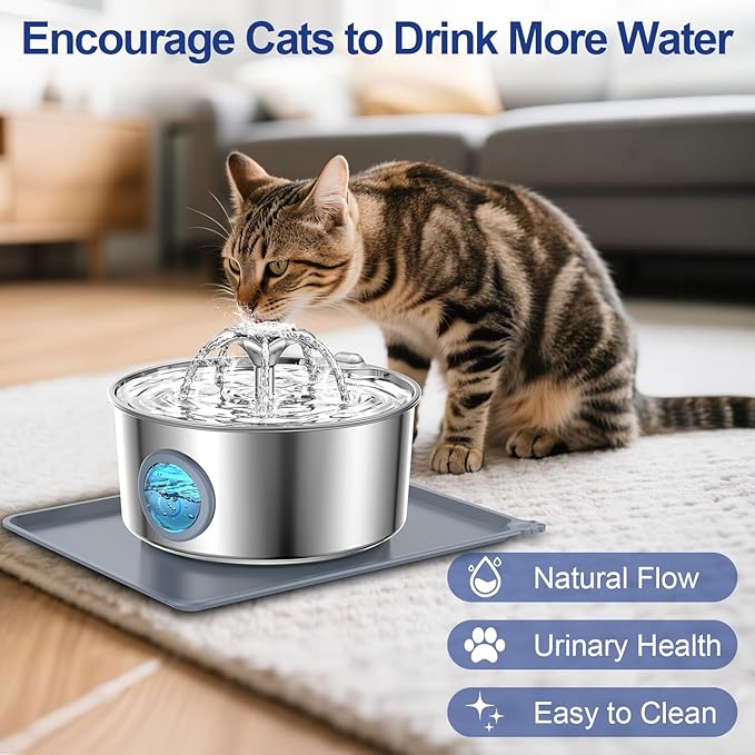 LucidShine 108oz/3.2L Stainless Steel Cat Water Fountain with 8 Replacement Filters（Up to 8-Month Supply）, Automatic Pet Drinking Fountain for Multi-Pet Households, Ultra Quiet Pump & Dishwasher Safe