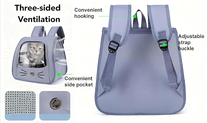 Pet Backpack Carrier, Traveler Breathable Transparent Carrier for Cats or Dogs, Large Space and Foldable Pet Carrier for Travel, Hiking, Shopping, and Vet, Cute, Suitable for Kids (Blue)