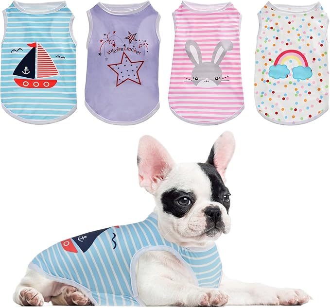 4Pcs Dog & Cat Shirts - Polka Dot & Stripe Sleeveless T-Shirts, Soft Breathable Pet Vests for Small to XL Dogs & Cats